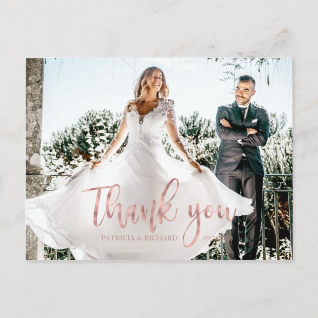 Postal Foto elegante de agradecimiento de boda con caligr (Anverso)