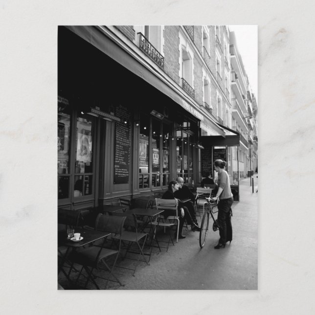 Postal Foto en blanco y negro de un café callejero en Par (Anverso)