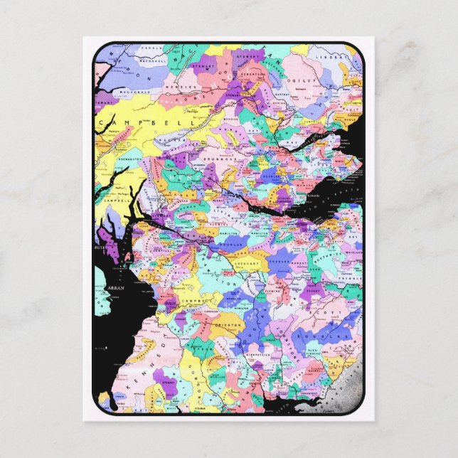 Postal Foto escocesa de los clanes del mapa de Escocia (Anverso)