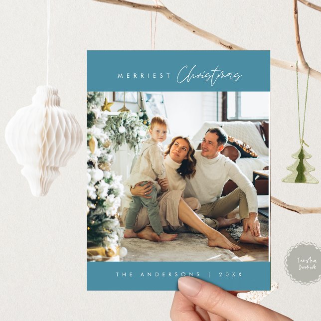 Postal Foto familiar de Navidades más graciosos, azul inv (Merriest Christmas Family Photo, Winter Blue Postcard, Season Greeting Card
)