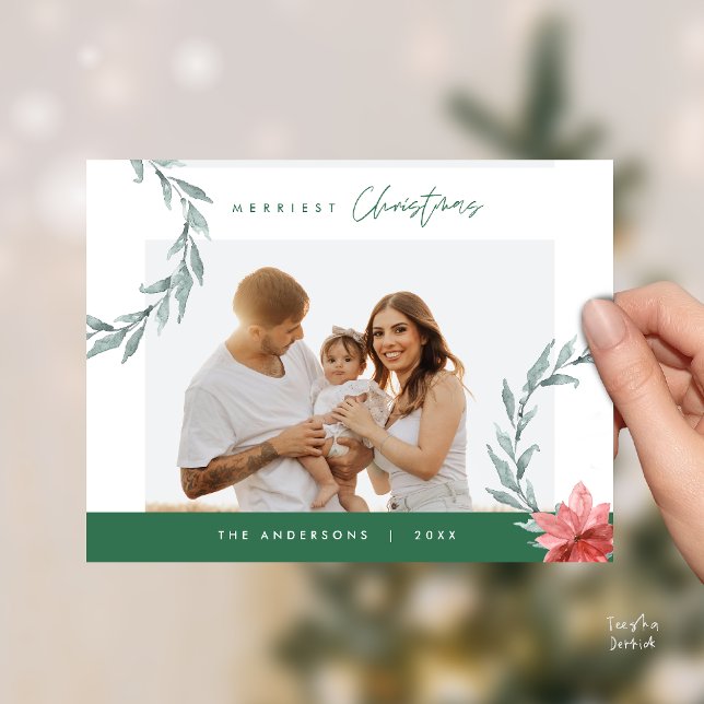 Postal Foto familiar de Navidades más graciosos, Wreath a (Merriest Christmas Family Photo, Watercolor Wreath Postcard in Greenery Green)