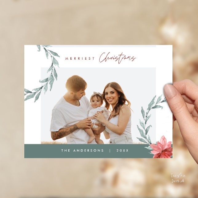Postal Foto familiar de Navidades más graciosos, Wreath a (Merriest Christmas Family Photo, Watercolor Wreath Postcard in Sage Green)