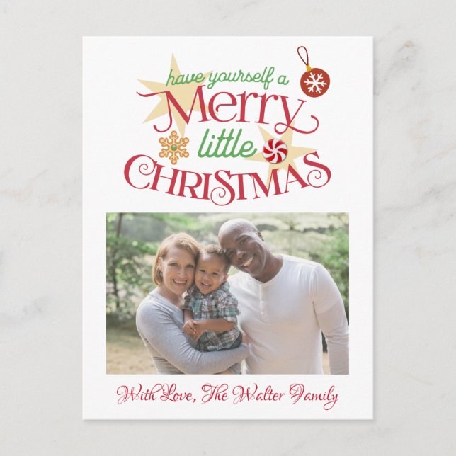 Postal Foto familiar de Navidades verdes y rojos de época (Anverso)