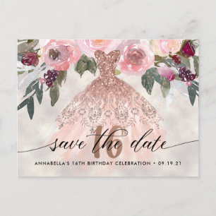 Postal Foto floral de moda para Sweet 16 Save The Date