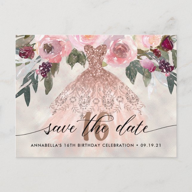 Postal Foto floral de moda Sweet 16 Save The Date (Anverso)