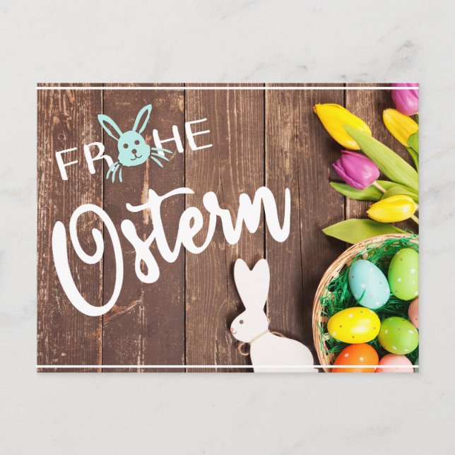 Postal Foto Frohe Ostern mit Tulpen und Hase (Anverso)