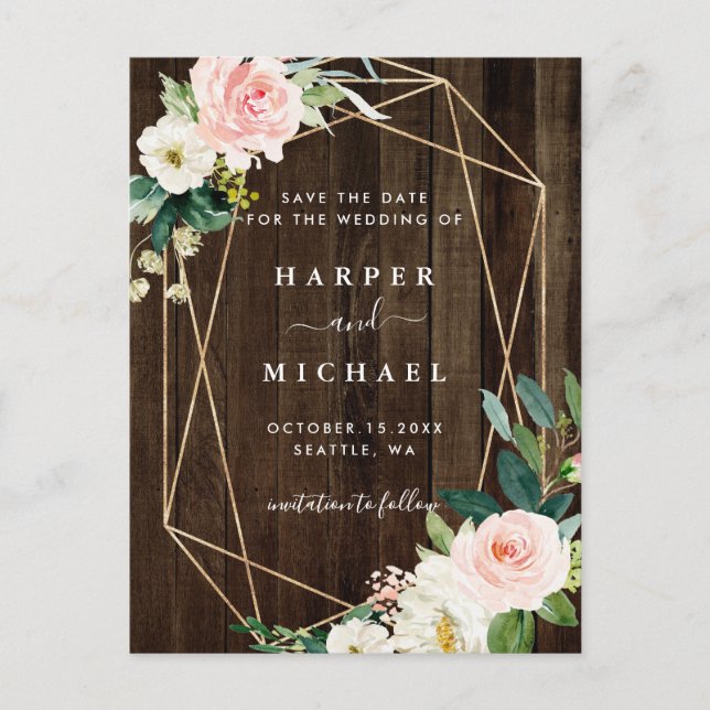 Postal Foto Geométrica Floral Rustic Wood Save the Date (Anverso)