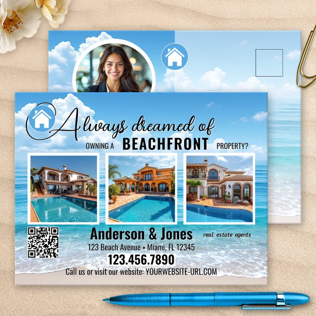 Postal Foto inmobiliaria de Coastal Beach (Real Estate marketing postcard featuring a beach with 3 of your listings, photo, logo and QR code)
