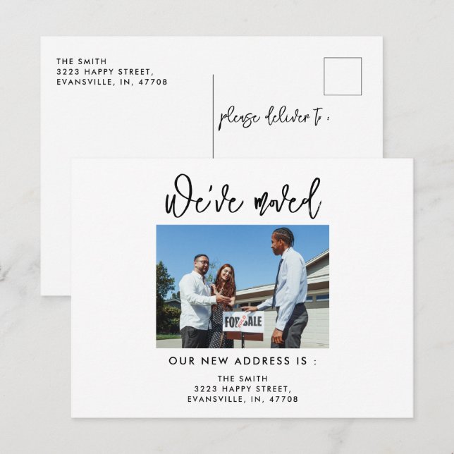 Postal Foto moderna de caligrafía Hemos movido nueva dire (Anverso / Reverso)