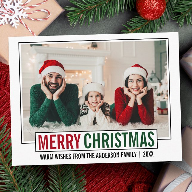 Postal Foto moderna de la familia navideña Merry (Customize to change your personalized text size or text style.)