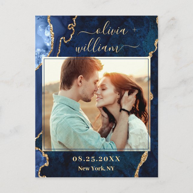 Postal FOTO moderna de oro azul de mármol azul para salva (Anverso)