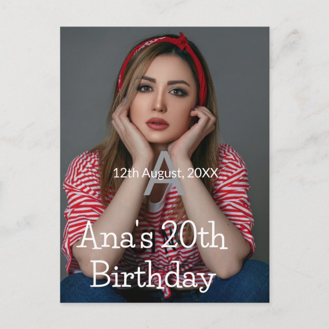 Postal Foto monograma feliz 20 cumpleaños gris blanco  (Anverso)