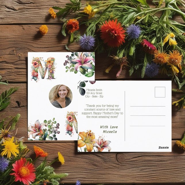 Postal Foto personalizada de la flor del Día de la Madre  (Personalised MOM Mothers Day flower Photo Postcard)