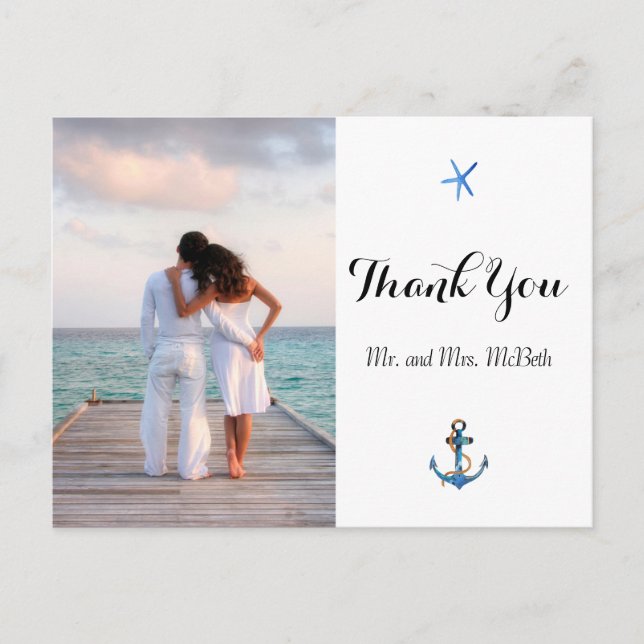 Postal Foto personalizado Ocean Blue Beach Wedding Gracia (Anverso)