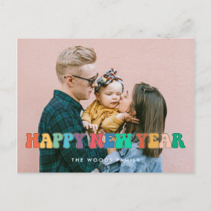 Postal Foto retro divertida de hippie de los 60 Feliz Año