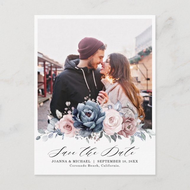 Postal Foto Rosa de Floral Dusty Blue Mauve Save the Date (Anverso)