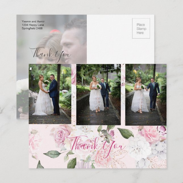 Postal Foto Rosas de Floral Boda romántico Gracias (Anverso / Reverso)