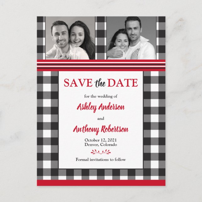 Postal Foto Rustic Buffalo Plaid Boda Save Date (Anverso)