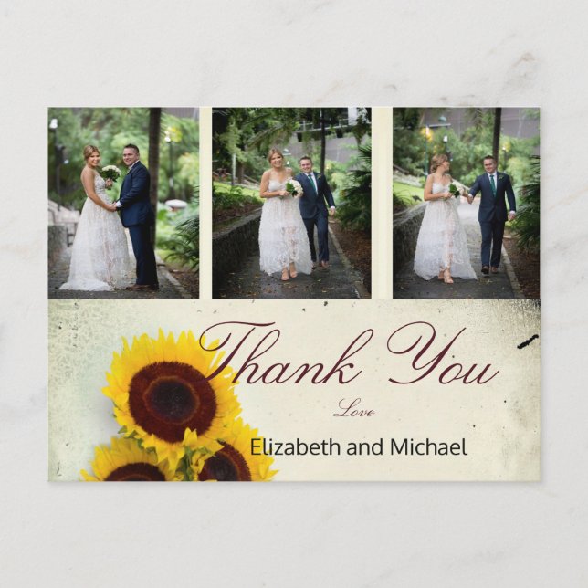 Postal Foto Rustic Sunflower Elegant Wedding Gracias (Anverso)
