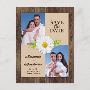 Postal Foto Rustic Wood Daisy Save the Date Postcard