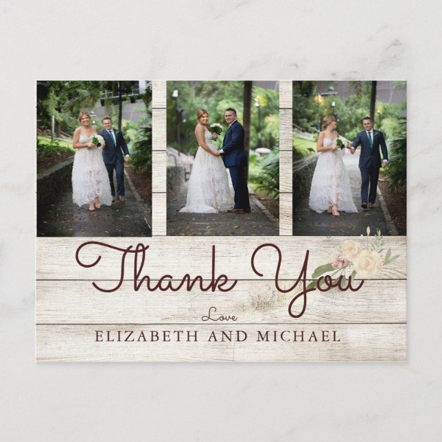 Postal Foto Rustic Wood Floral Boda Moderno Gracias (Anverso)