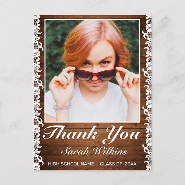 Postal Foto Rústica de graduación de madera y encaje blan (Anverso)