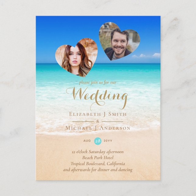 Postal FOTO Tropical Beach Hearts Sand Sea Save the Date (Anverso)