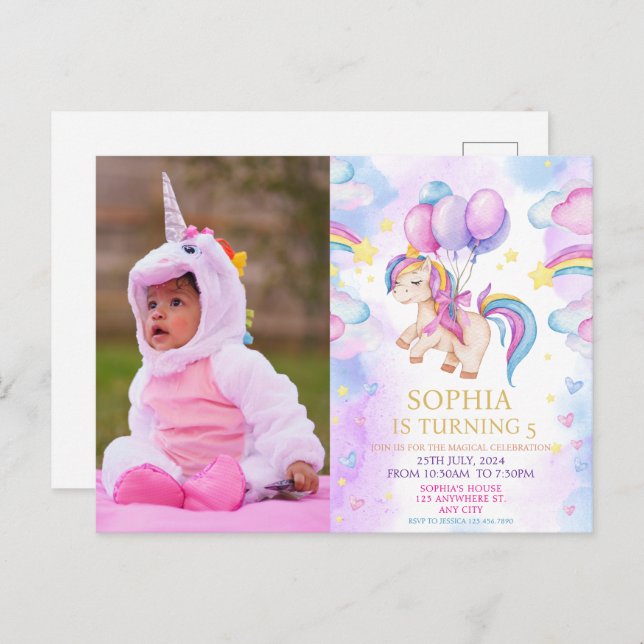 Postal Foto Unicornio Arcoíris Cumpleaños (Anverso / Reverso)