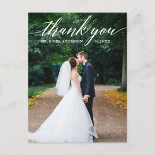 Postal Fotografía de boda de caligrafía Gracias elegante