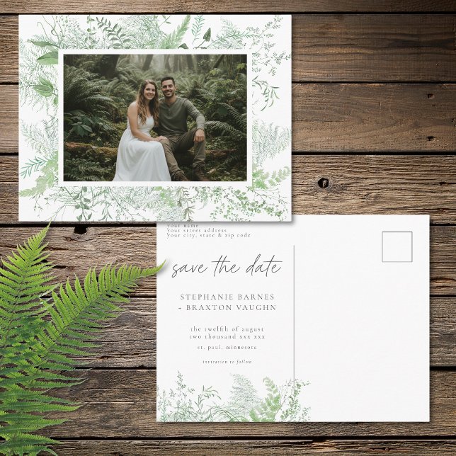 Postal Fotografía de guardar fecha de helecho verde acuar (Watercolor Greenery Fern Rustic Save Date Photo Postcard)