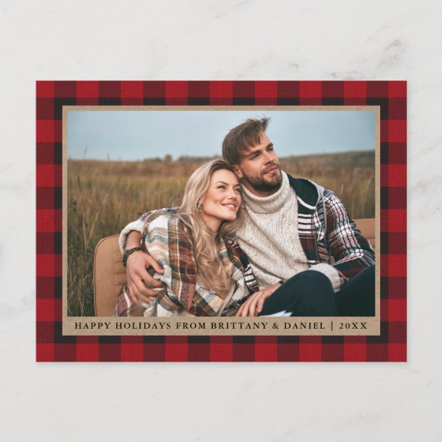 Postal Fotografía de la Pareja Red Plaid Kraft Felices Fi (Anverso)