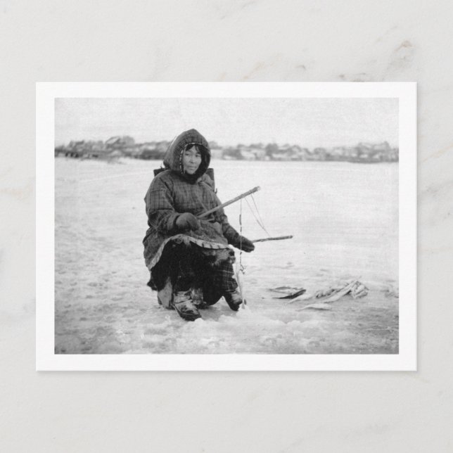 Postal Fotografía de pesca en hielo esquimal en Nome, Ala (Anverso)