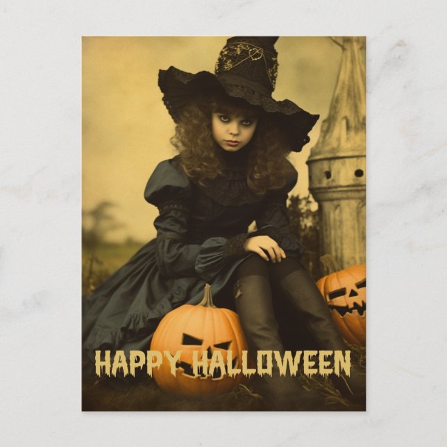 Postal Fotografía retro de Halloween, niña bruja mala lin (Anverso)