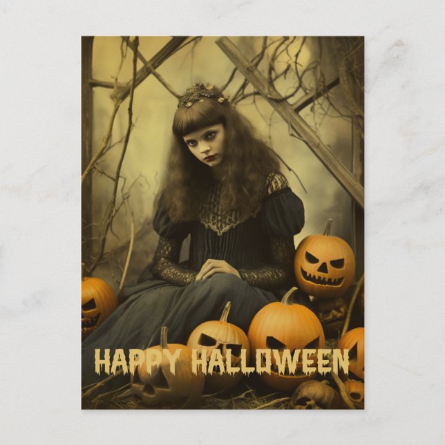Postal Fotografía retro Halloween lindo chica de bruja ma (Anverso)