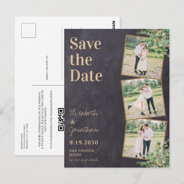 Postal Fotografía verde Código QR Boda de pizarra Guardar (Anverso / Reverso)