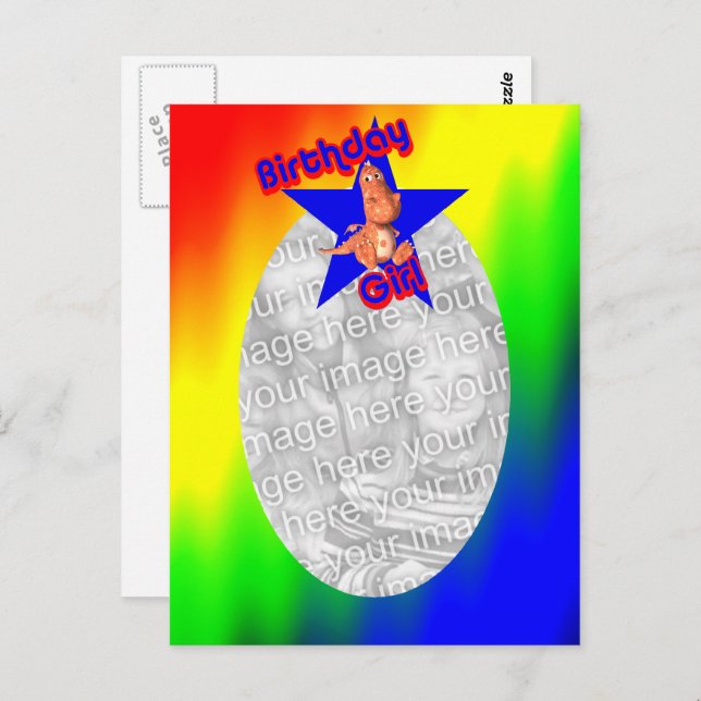 Postal fotográfica de dinosaurio Chica de cumpleañ (Anverso / Reverso)