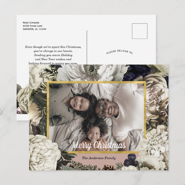 Postal fotográfica de Navidades florales de época (Anverso / Reverso)