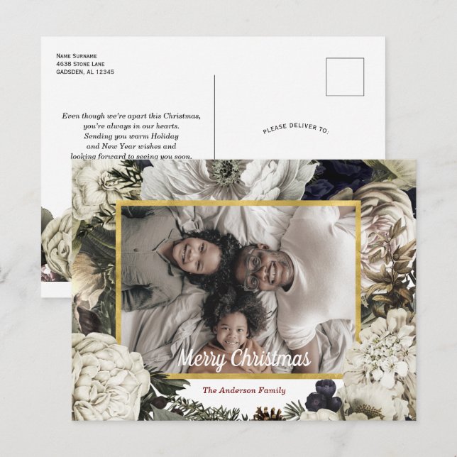Postal fotográfica de Navidades florales de época (Anverso / Reverso)
