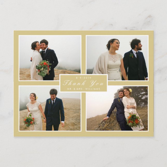 Postal fotográfica de oro amarillo gracias Boda 4 (Anverso)