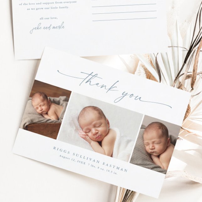 Postal Fotos Colage Simple de agradecimiento para bebé (Dusty blue script 3 boys photo baby thank you cards.)