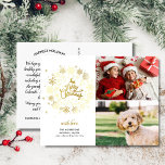 Postal Fotos de 2 Fotos de la Feliz Navidad Dorada<br><div class="desc">Envíe vacaciones a los Navidades Cheer con esta célebre postal que incluye sus dos fotos y una falsa corona de copos de nieve de vacaciones de oro. El reverso ofrece espacio para una nota mecanografiada o borrar para dejar espacio para una nota manuscrita. Divertido y festivo pero simple y moderno...</div>