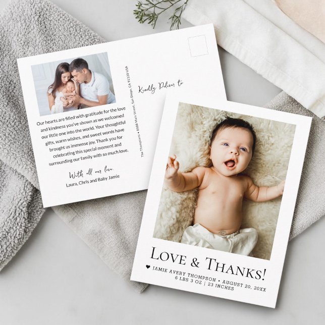 Postal Fotos de bebé de amor y agradecimiento Anuncio de  (Editable text and photos Custom baby shower, thank you Love and Thanks birth announcement card.)