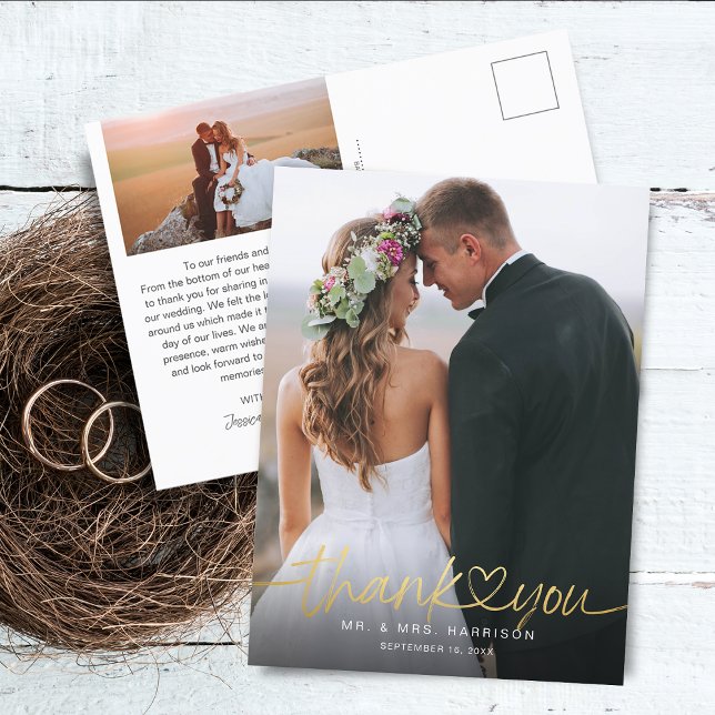 Postal Fotos de escritura a mano en oro agradecimiento bo (Gold Hand Lettered Script Photos Wedding Thank You Postcard)