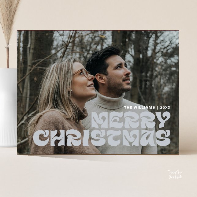 Postal Fotos de la familia Feliz Navidad, elegante Moda e (Stylish Elegant, Merry Christmas Family Photo Chic Postcard in Romantic Chill Grey)