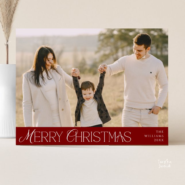 Postal Fotos de la familia Feliz Navidad, elegante modern (Merry Christmas Family Photo, Modern Elegant Postcard in Burgundy wine deep red)