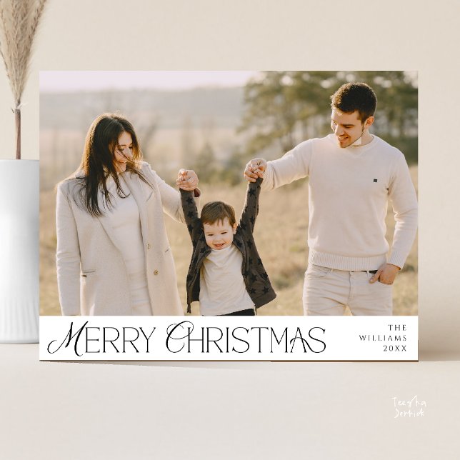 Postal Fotos de la familia Feliz Navidad, elegante modern (Merry Christmas Family Photo, Modern Elegant Postcard in Black and White)