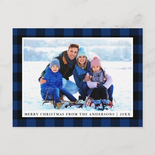 Postal Fotos de la familia Merry Christmas Blue Plaid (Anverso)