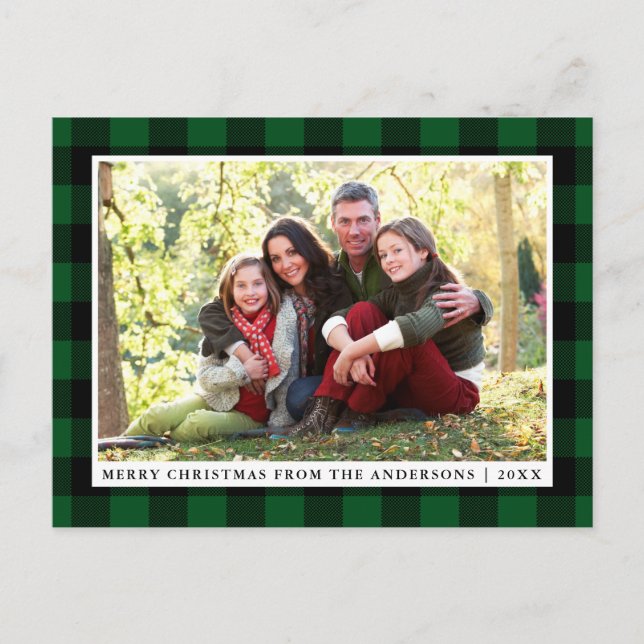 Postal Fotos de la familia Merry Christmas Green Plaid (Anverso)