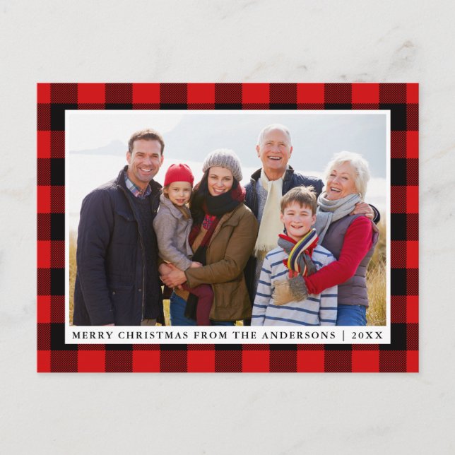 Postal Fotos de la familia Merry Christmas Red Plaid (Anverso)
