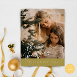 Postal Fotos de la familia navideña Feliz, azul marino<br><div class="desc">Feliz Navidad. Celebra la temporada con esta postal familiar, oro retro elegante. Es totalmente personalizable y personalizado con sus propios mensajes de bienvenida. Por favor, agregue su dirección de devolución para un envío por correo fácil. Es sencillo, fácil, pero moderno, minimalista y festivo. Esta es la postal perfecta para enviar...</div>